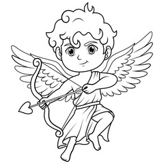 Illustration of Cute Cupid with Bow and Arrow Line Art for Coloring Book