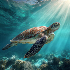 Obraz premium Serene Sea Turtle in Crystal Blue Ocean