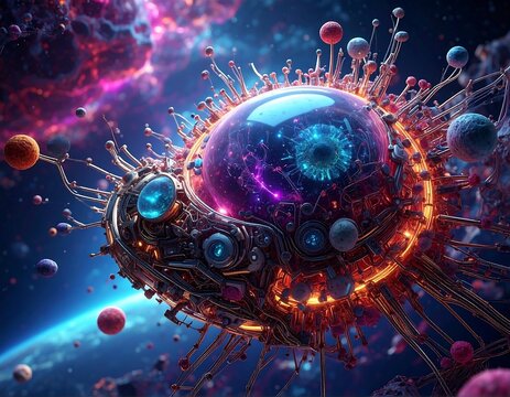 A vibrant, detailed depiction of a complex, otherworldly structure. Intricate circuitry surrounds a glowing sphere in deep space - Powered by Adobe