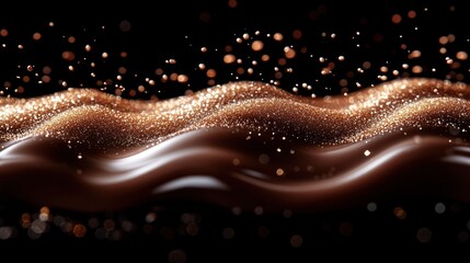 Brown liquid waves, dotted with golden particles, on black background