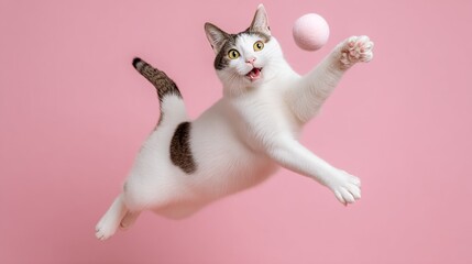 Dynamic scene of a cat playing with a ball suspended in the air during Pet Mental Health Month in a warm environment