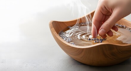 Wooden spa bowl, Hand Soaking in Lavender Aromatherapy Water for Relaxation and S