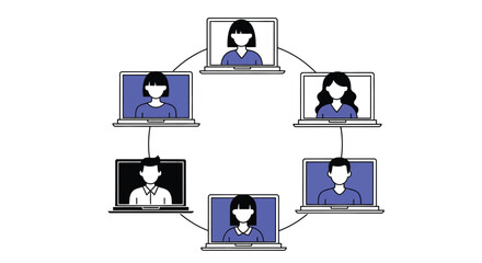 Illustration of a virtual meeting with six people on laptops editable stock