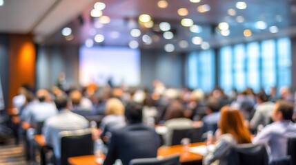 Corporate Seminar Blur: A blurred background of a corporate seminar or training session in a conference hall, with attendees. People in professional meeting of business leadership strategy in event