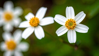 Fototapeta premium Close-up of White Flowers with Yellow Centers in Natural Setting.