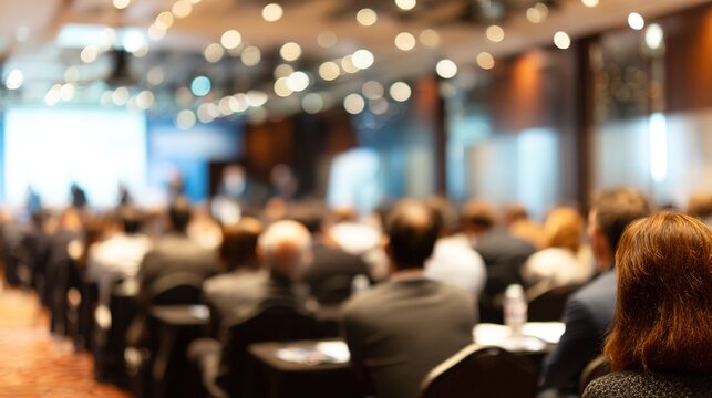 Corporate Seminar Blur: A blurred background of a corporate seminar or training session in a conference hall, with attendees. People in professional meeting of business leadership strategy in event