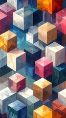 Obraz premium Multicolored, geometric cubes are arranged in a complex, tessellated pattern, creating a visually dynamic abstract design with a modern feel.