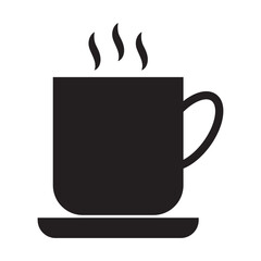 Simple black and white icon of a steaming cup of coffee.