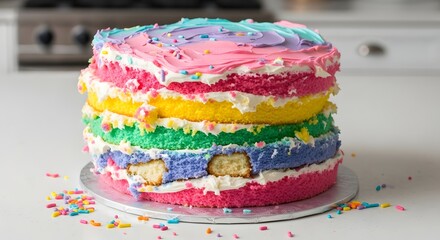 Colorful layered cake with vibrant frosting and sprinkles on a white plate in a bright kitchen setting