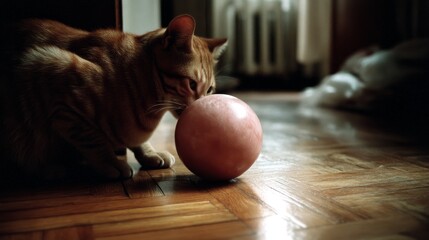 Dynamic scene of a cat playing with a ball suspended in the air during Pet Mental Health Month in a warm environment