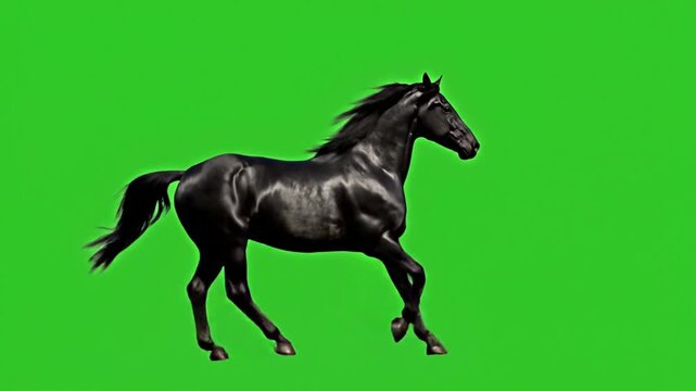 A magnificent black stallion gallops gracefully in profile, its sleek coat shining against a vibrant green screen, ideal for chroma key