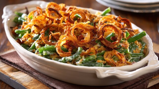 delicious green bean casserole topped with crispy fried onions ready for a family meal or holiday dinner