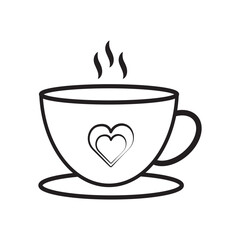 A simple black and white line drawing of a steaming cup of coffee on a saucer with a handle design.