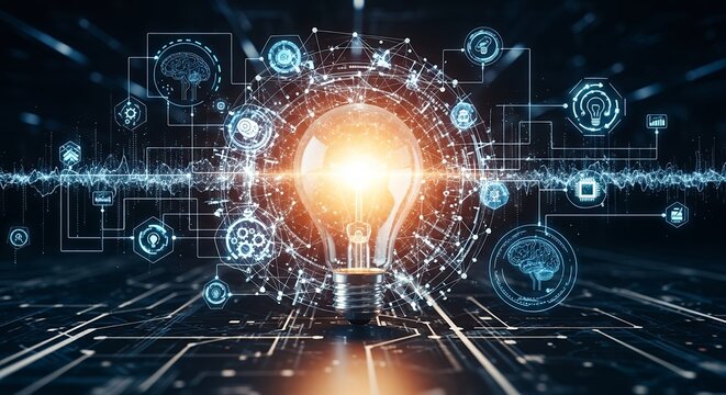 Illuminated light bulb with glowing technology icons on a dark circuit board background, concept for digital transformation, artificial intelligence and future technology
