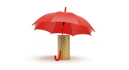 Red umbrella protecting a stack of golden coins on white backdrop, concept for financial security, investment protection and savings insurance