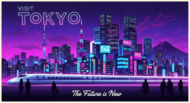 A vibrant, futuristic cityscape of illuminated with neon lights and towering skyscrapers under a purple sky, showcasing advanced technology and modern architecture