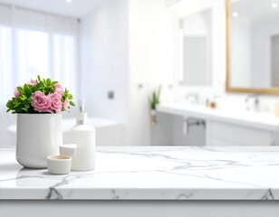 Close-up of bathroom counter, flowers, and blurred interior