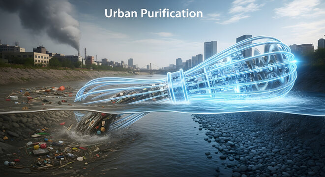 A conceptual illustration of futuristic technology cleaning a polluted urban river, showcasing an innovative solution for environmental purification - Powered by Adobe