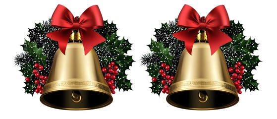 Two golden bells with holly and bows.