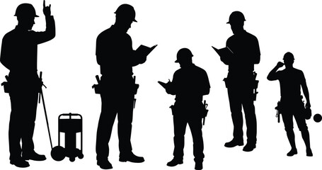 Construction workers silhouette, hard hats, tool belts, teamwork, site safety, communication, documentation, industrial labor, building crew, engineering, contractor, manual work