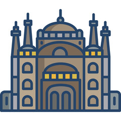 Illustration of a Byzantine Style Grand Mosque with Multiple Domes and Tall Minarets Rendered in Earthy Tones Against a Transparent Background