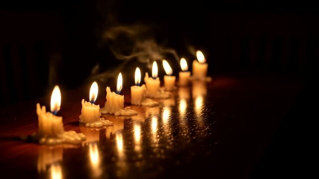Candlelight Serenity - A Row of Flickering Flames in the Darkness.