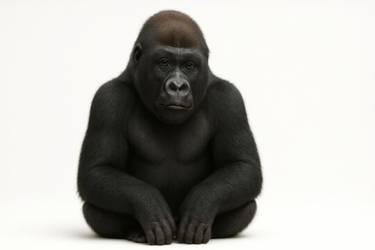 Western lowland gorilla seated pose with arms resting on knees head slightly tilted to the side on white