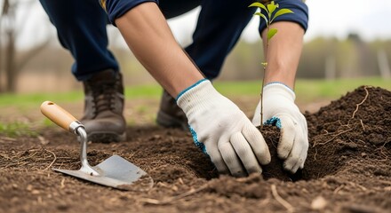 Close-up of a person planting a young sapling in the soil during a gardening activity outdoors on a sunny day