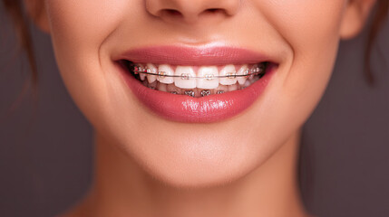 Naklejka premium close up of woman mouth with braces smiling brightly, her dental transformation and confidence. Her lips are glossy, and her teeth are well aligned, ing positive attitude