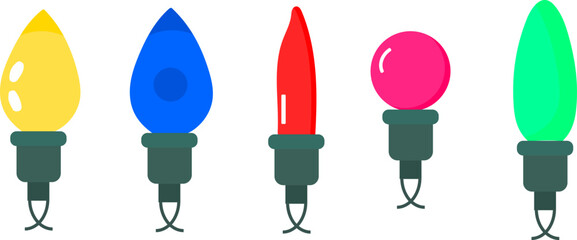 Set of five colorful christmas light bulbs flat vector icons