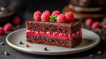 Chocolate cake slice topped with raspberries (5)