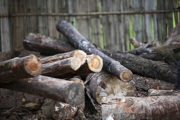 Rustic pile of cut wood logs creating large stack. Natural timber firewood ready for fuel. Raw and organic supply collection for winter heat preparation in shed