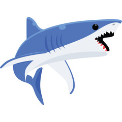 Illustration of a blue and white great white shark swimming with mouth open and sharp teeth visible against a transparent background