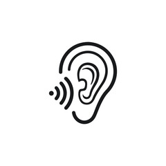 “Simple black line art icon of a human ear with three curved sound waves, minimalist vector design, white background, no color fill.”