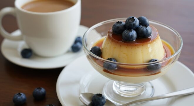 Creamy custard dessert topped with blueberries, beside a cup of coffee
