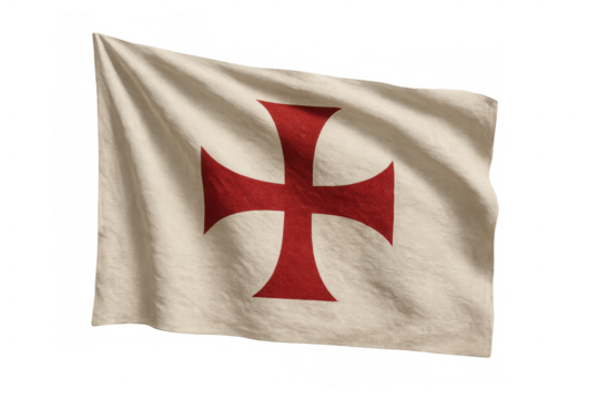 Knights templar flag flying, representing medieval crusades, christian military order history, and religious symbolism