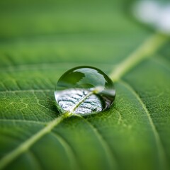 Close-up of a single water droplet resting on a vibrant green leaf, highlighting the intricate texture and natural beauty of plant life in nature