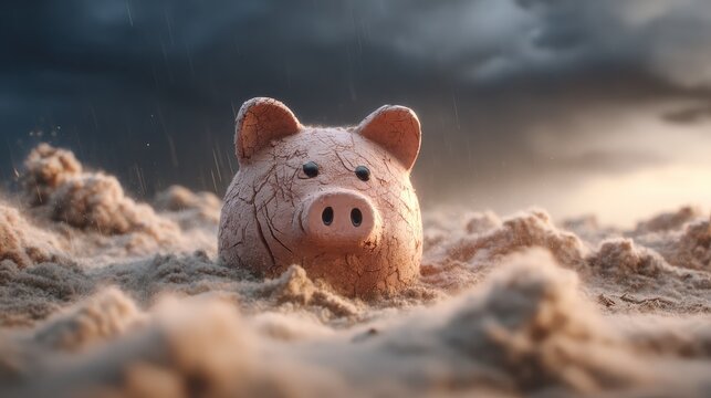 abstract visualization of financial crisis with broken piggy bank and storm clouds  - Powered by Adobe