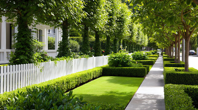 Meticulously maintained residential landscape with lush greenery, trimmed hedges, and clean sidewalk. vibrant trees and neat garden beds create refreshing outdoor space - Powered by Adobe