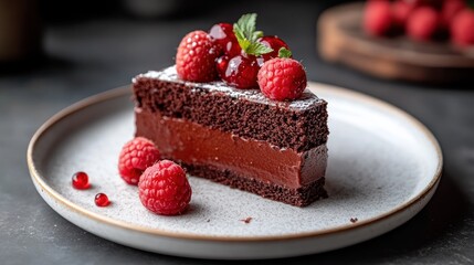 Chocolate cake slice with raspberries (2)