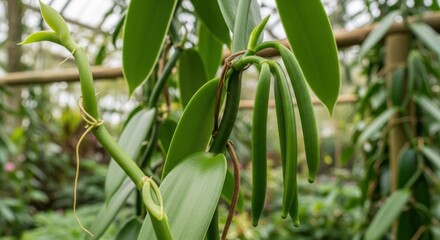 Green Vanilla Pods Growing on Vine in Greenhouse, Vanilla bean, Plant, Cultivation