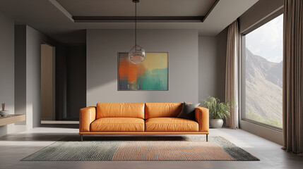 Fototapeta premium modern living room featuring orange leather sofa, large windows, and mountain views. space is bright and stylish, with art piece and cozy rug