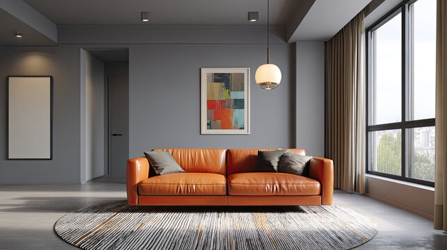 modern living room featuring orange leather sofa, stylish decor, and large windows allowing natural light. space is designed for comfort and elegance, perfect for relaxation - Powered by Adobe