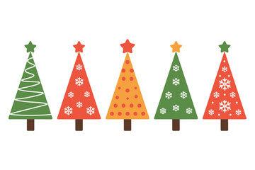 A row of five colorful and decorative Christmas trees with stars on top stands against a white background.