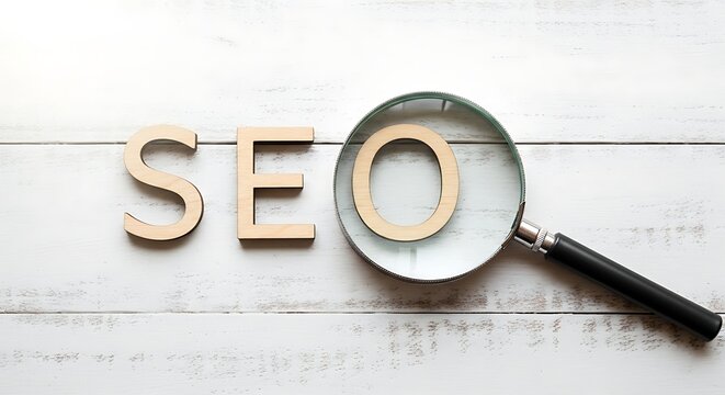 Seo wooden letters with magnifying glass on white wooden background