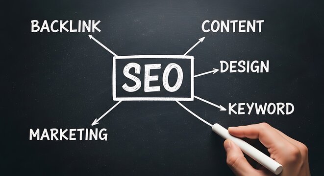 Seo strategy chalkboard diagram showing backlinks content and keywords - Powered by Adobe