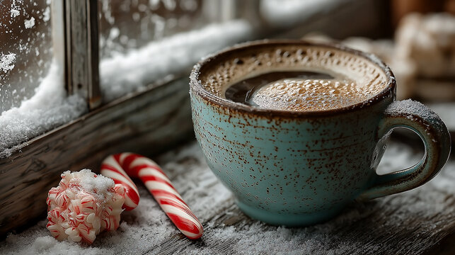Cozy winter coffee by window with candy canes and snow christmas scene