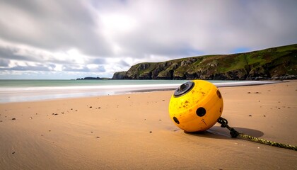 Yellow Buoy on Sandy Beach with Coastal Scenery.