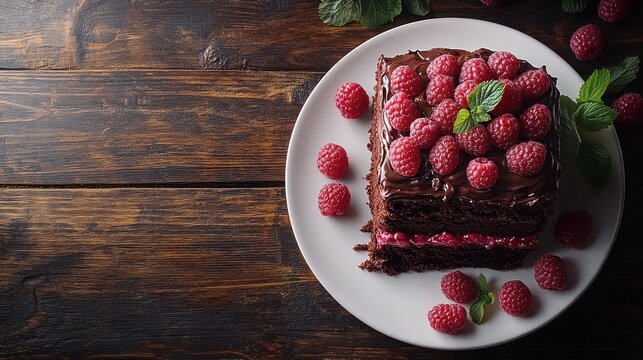 Chocolate cake topped with raspberries