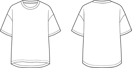 Oversized t-shirt technical sketch&mdash;front and back views with crew neck, dropped shoulders, and curved hem for fashion design